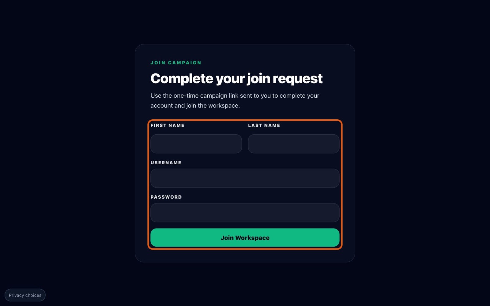 The "Complete your join request" form