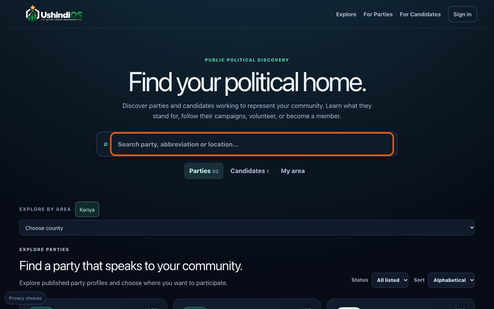 The Find a party page with its search box