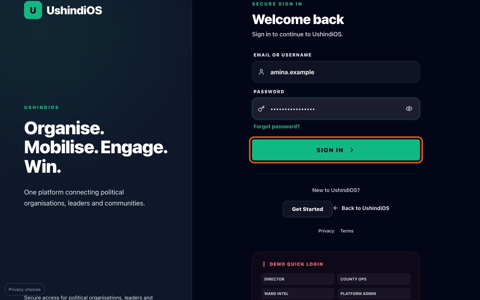 The sign-in page with a sample username entered