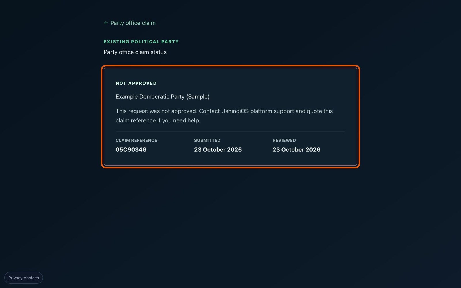 The status page showing "Not approved" with a claim reference