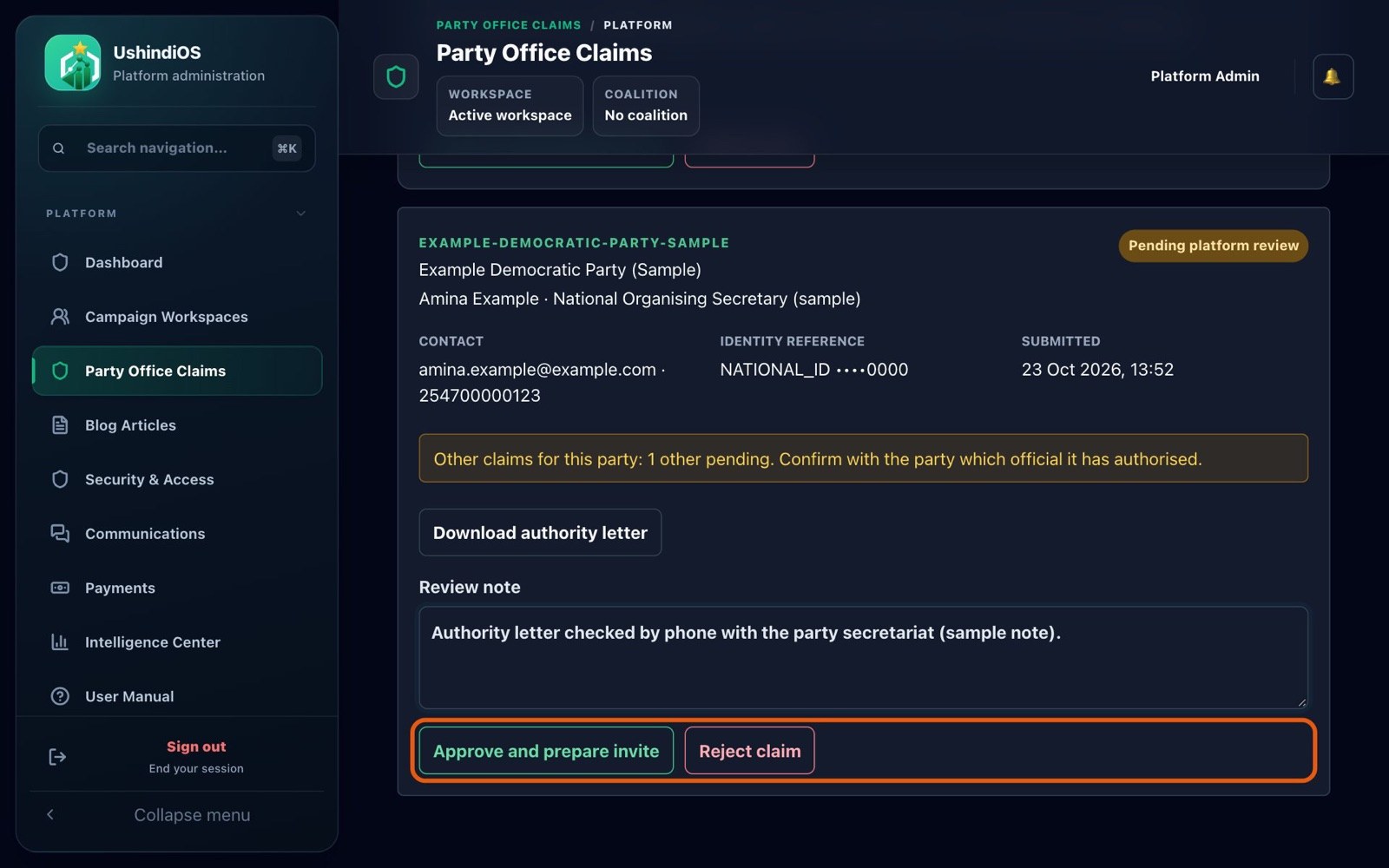 The review note filled in, with "Approve and prepare invite" and "Reject claim"