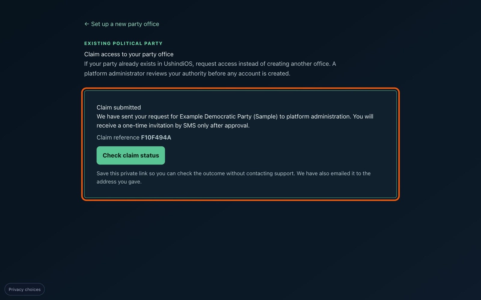 The "Claim submitted" confirmation with a "Check claim status" button