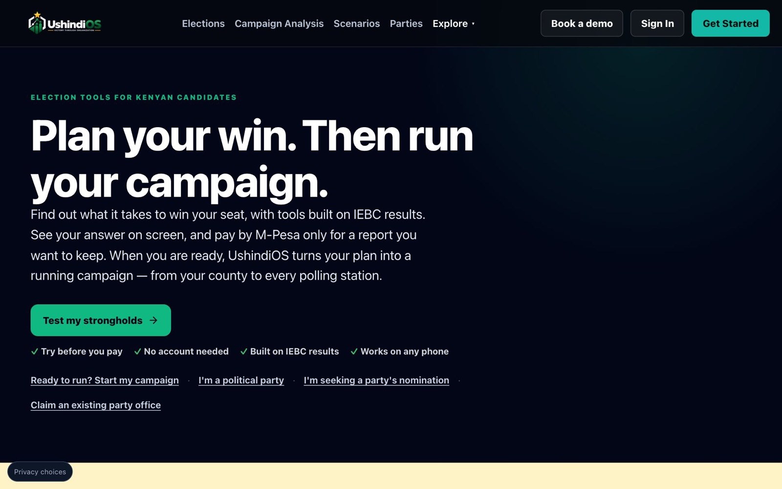 The UshindiOS home page, with the Parties menu and the "Claim an existing party office" link