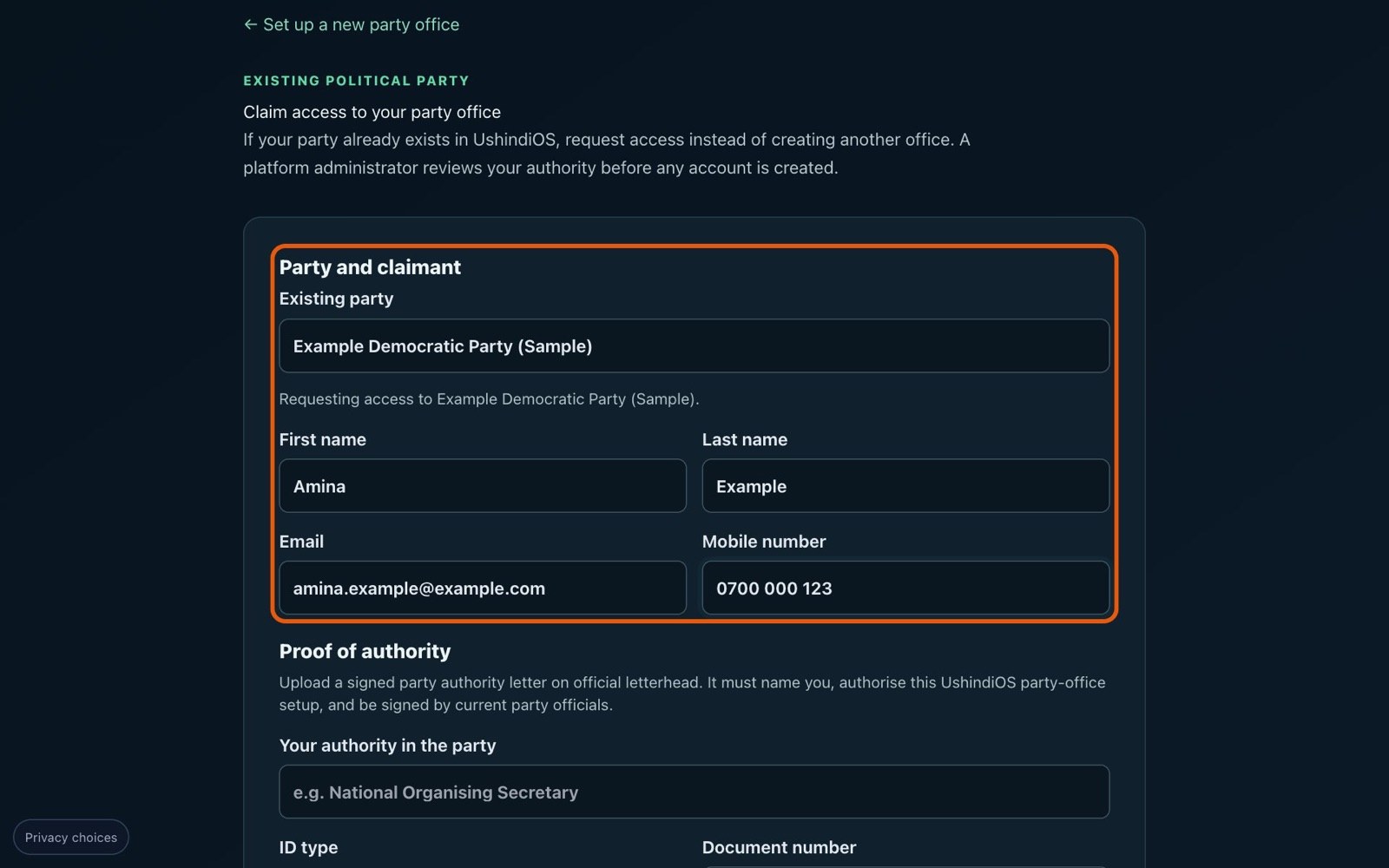 The Party and claimant section filled with sample details