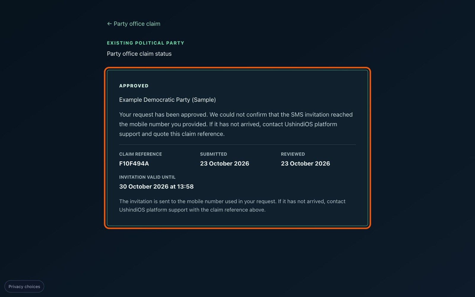 The status page showing "Approved" and asking you to open the SMS invitation within seven days