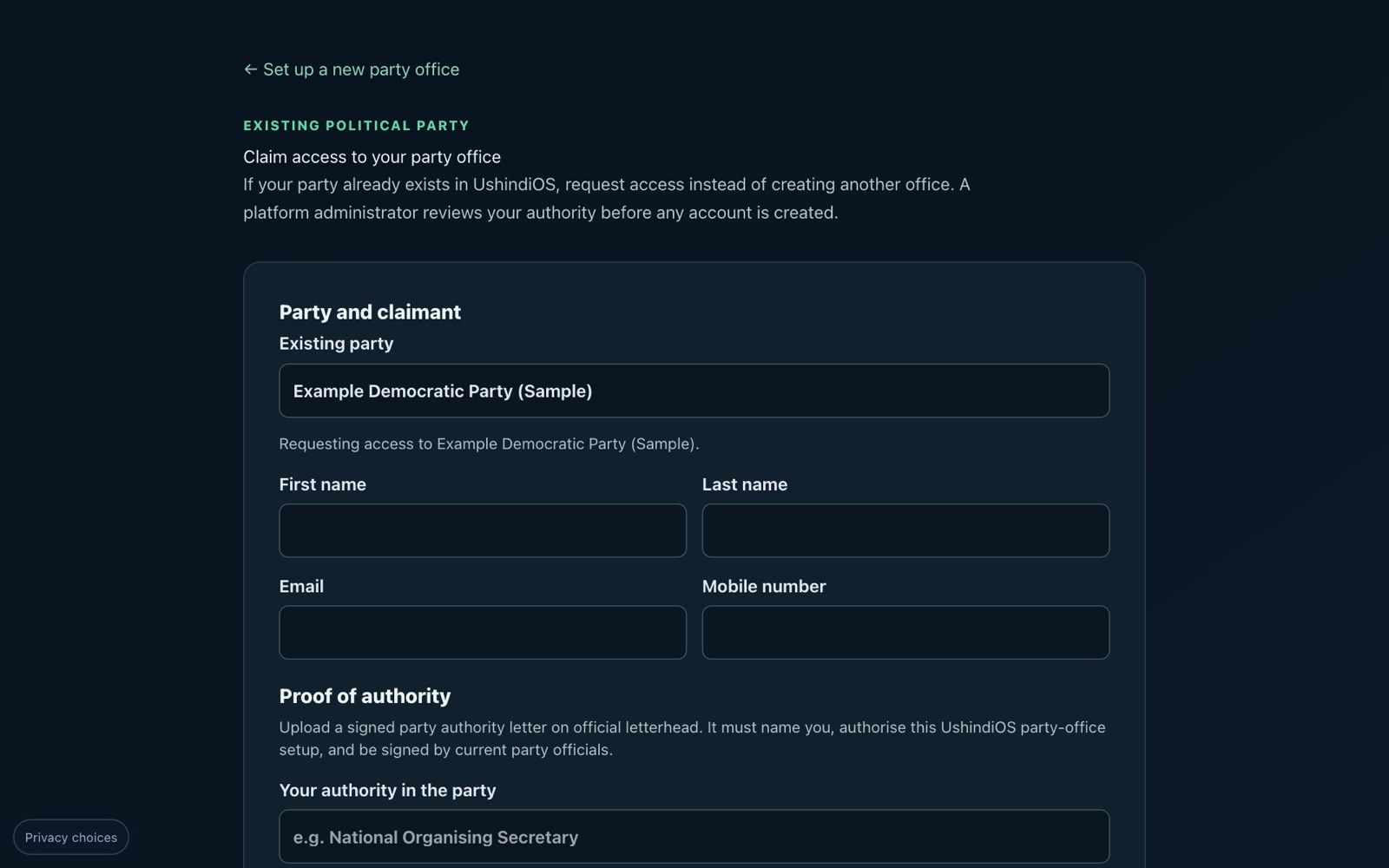 The top of the claim form, "Claim access to your party office"