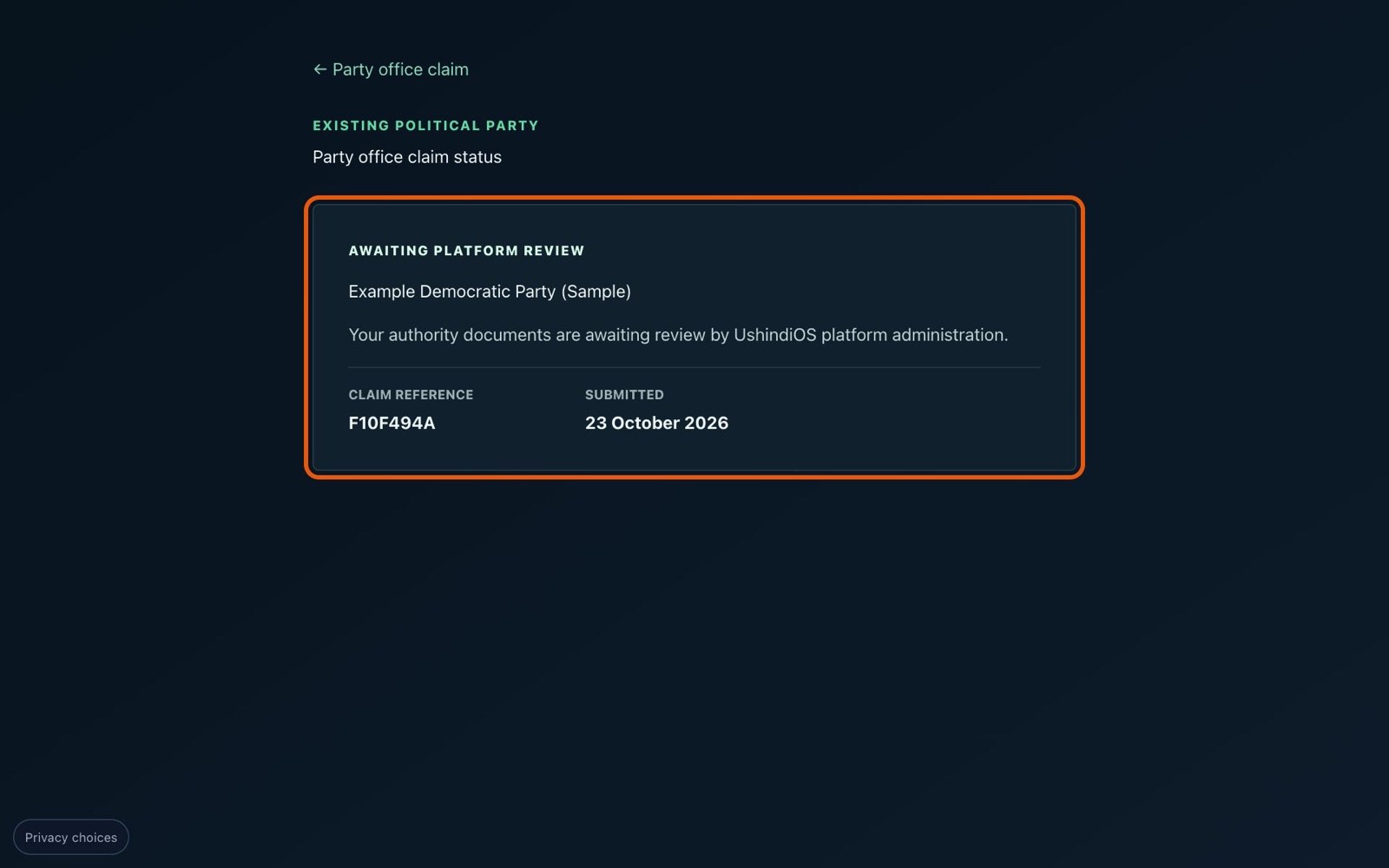 The claim status page showing "Awaiting platform review" and a claim reference