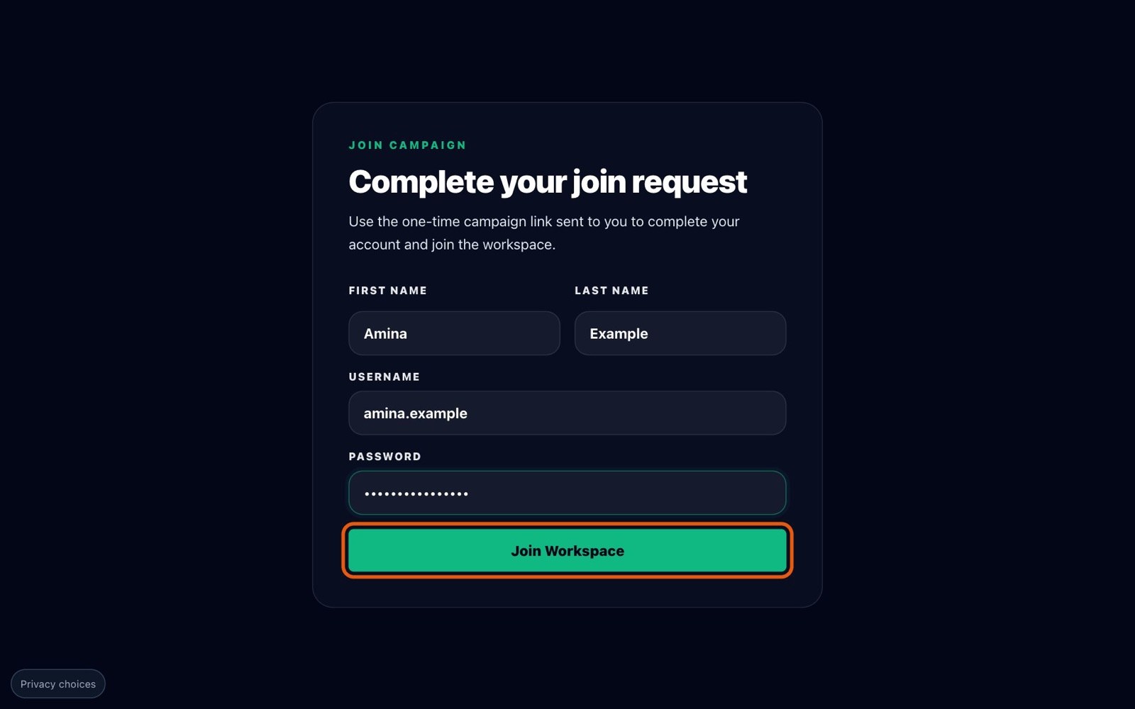 The join form filled in, with the "Join Workspace" button highlighted